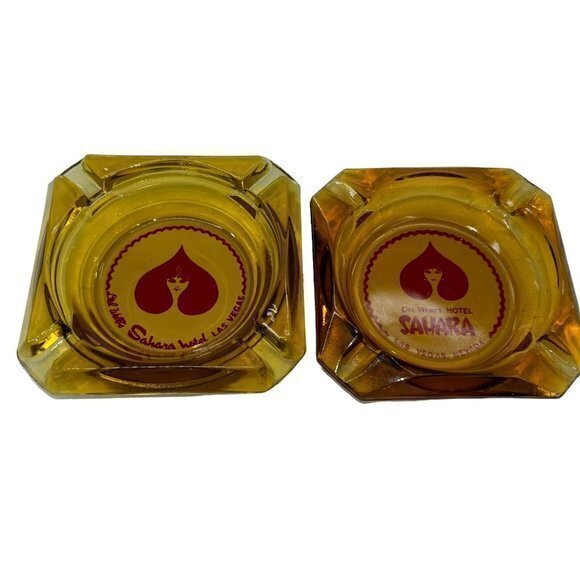 Del Webb's Sahara Hotel & Casino Amber Glass Ashtray Las Vegas Nevada Lot Of 2 - Picture 1 of 4